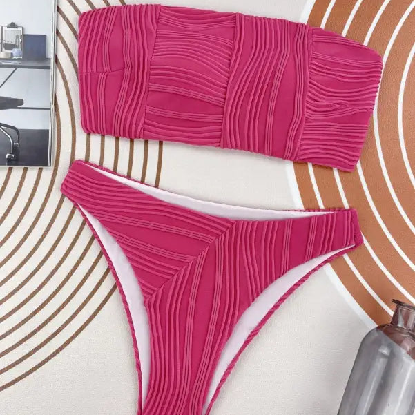 Hot pink three dimensional bikini set with bandeau top and high-cut bottom for summer vacations