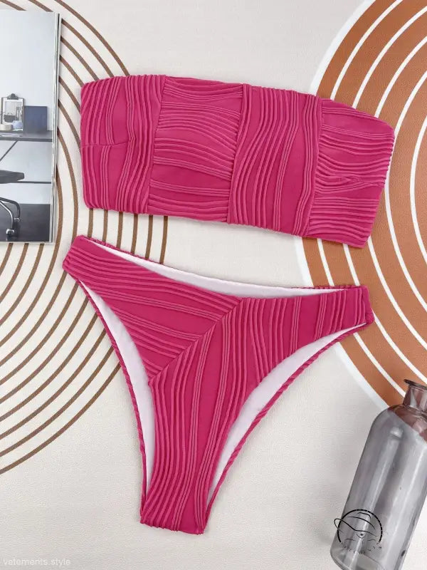 Coral red three dimensional bikini swimsuit in hot pink textured bandeau style