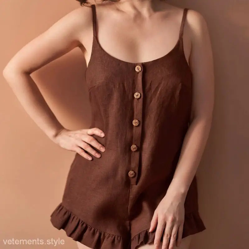 Brown button-down romper, comfortable French Ruffle Jumpsuit for lounge and pajamas