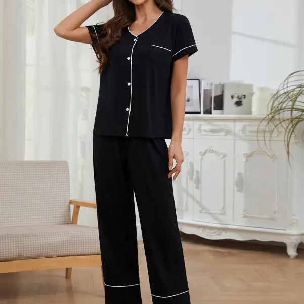 Black cozy short sleeved pajamas set with white piping, short sleeved pajamas for summer relaxation
