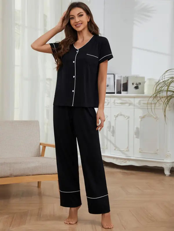 Black cozy short sleeved pajamas set with white piping, short sleeved pajamas for summer relaxation