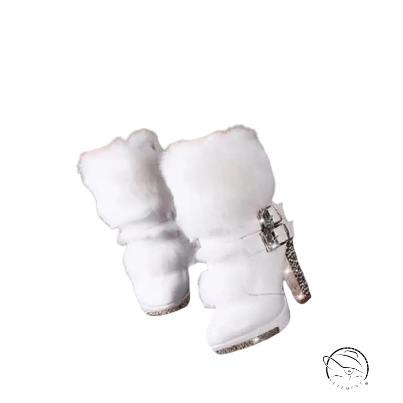 Cresfimix cute boots: white faux fur-lined ankle boots with glitter heel