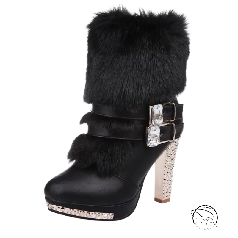 Cresfimix cute boots: black faux fur-lined high heel ankle boot with crystal buckle