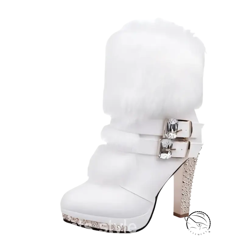 Cresfimix cute boots: white faux fur-lined ankle boot with silver buckles