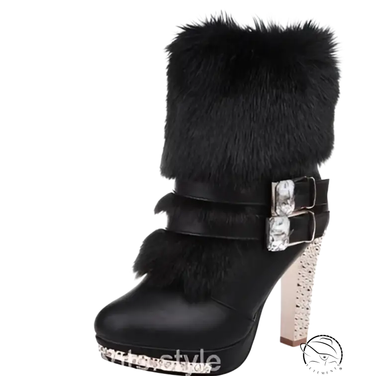 Cresfimix cute boots: black faux fur-lined high heel ankle boot with rhinestones