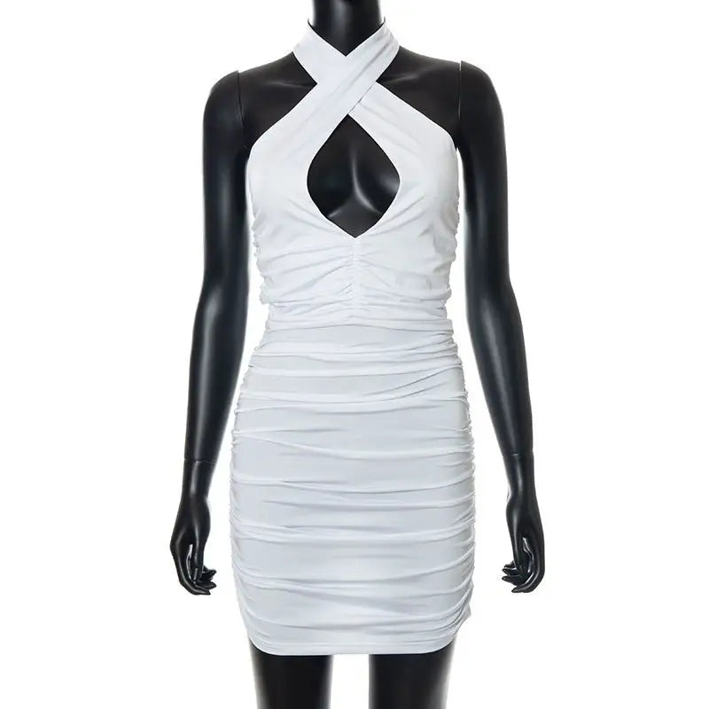 White halter-neck mini dress with criss cross pleated design and cutout details