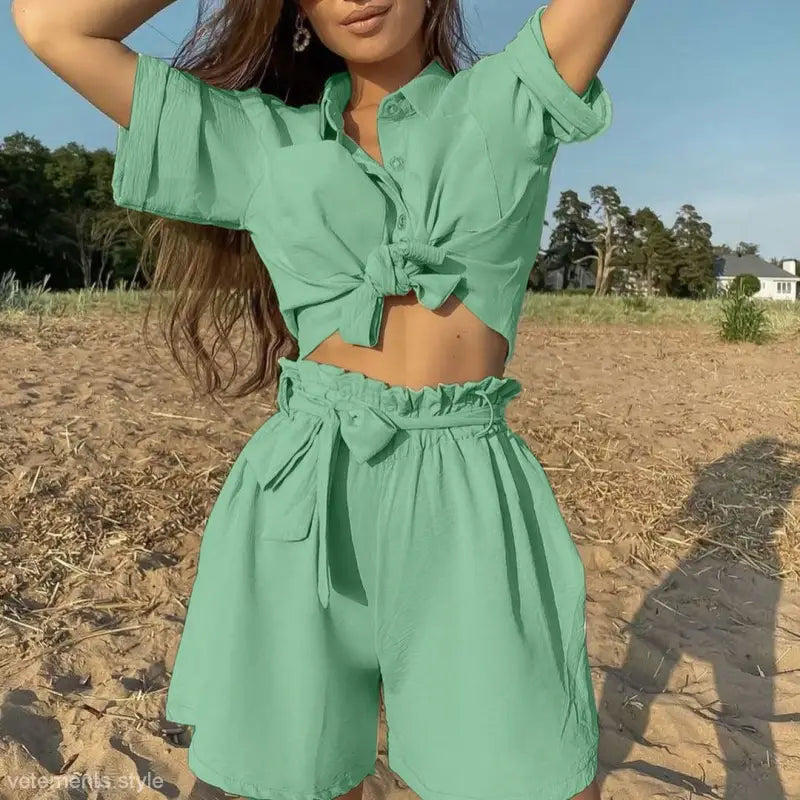 Mint green cute casual beach set featuring a tied crop top and high-waisted shorts