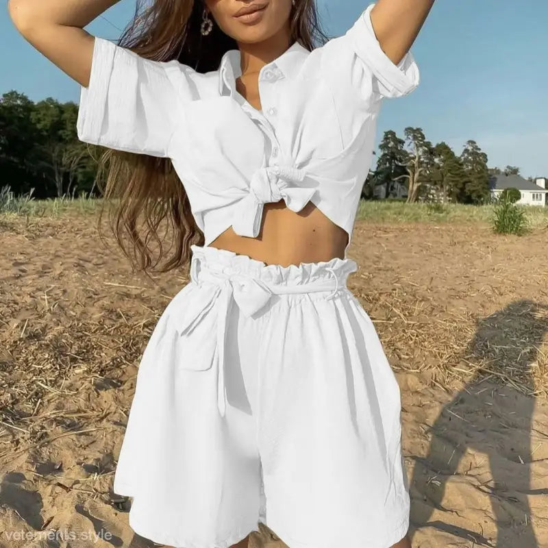 White summer outfit featuring a cute casual beach single breasted short sleeve crop top