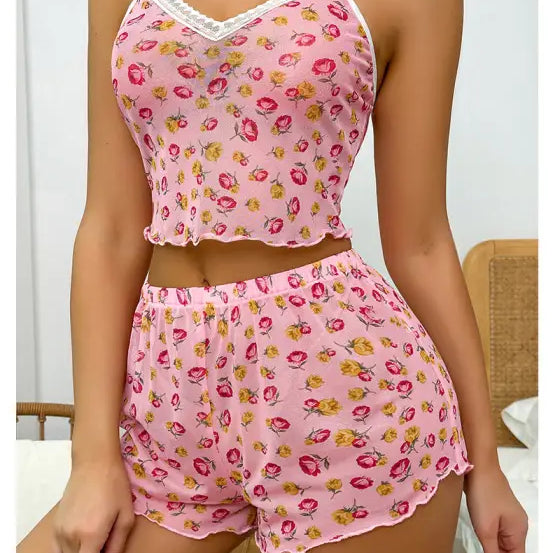 Women’s pink floral print cute mesh pajamas set with camisole top and shorts featuring floral lace and ruffle sleeves