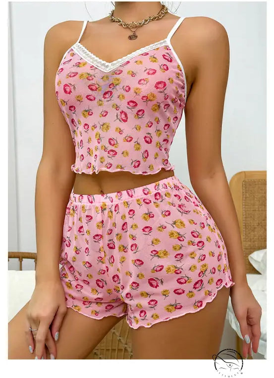 Women’s pink floral print cute mesh pajamas set with camisole top and shorts featuring floral lace and ruffle sleeves