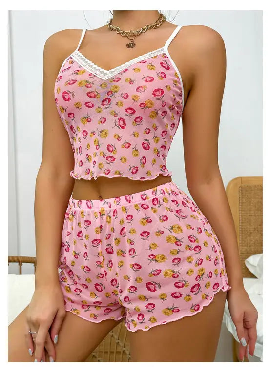 Women’s pink floral print cute mesh pajamas set with camisole top and shorts featuring floral lace and ruffle sleeves