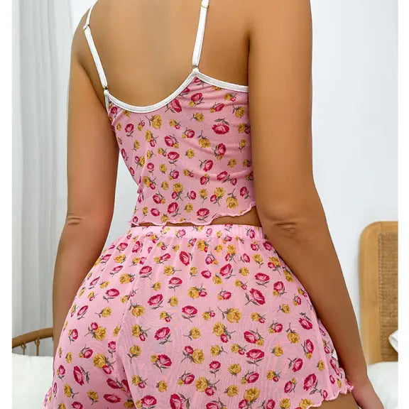 Pink floral print mesh cami top and shorts set from Cute Mesh Pajamas with white mesh flower accents