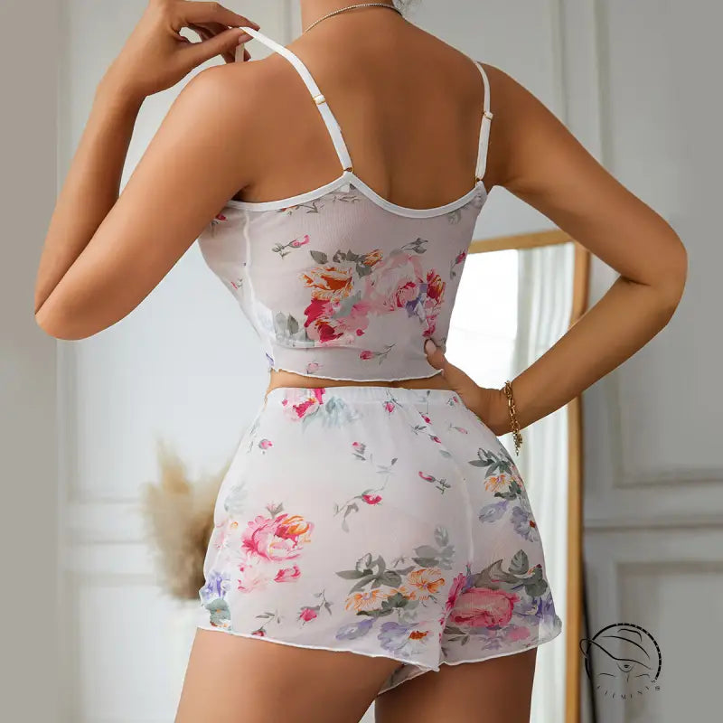White mesh flower cami top and shorts in cute mesh pajamas set