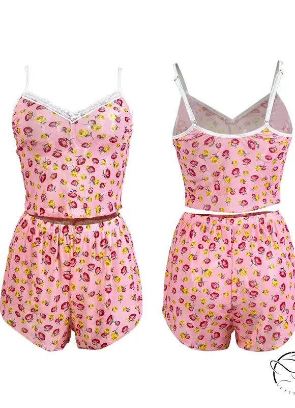 Pink floral print camisole and shorts pajama set from Cute Mesh Pajamas with white mesh flower accents