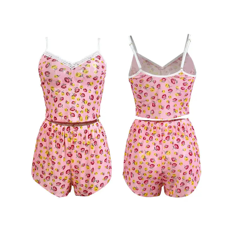 Pink floral print camisole and shorts pajama set from Cute Mesh Pajamas with white mesh flower accents