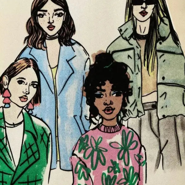 Illustration of four diverse women wearing a cute pattern sweater in stylish outfits