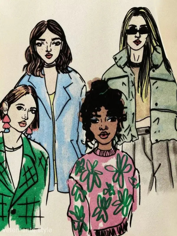 Illustration of four diverse women wearing a cute pattern sweater in stylish outfits