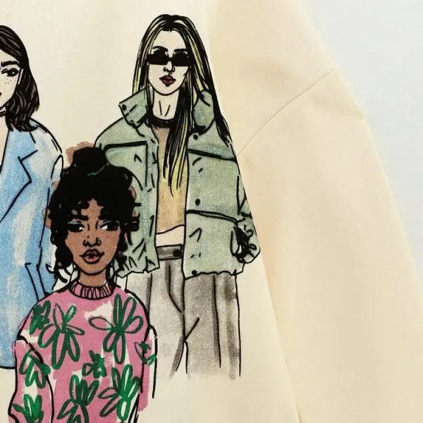 Cream-colored Cute Pattern Sweater featuring fashion illustration of stylish women