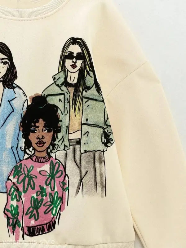 Cream-colored Cute Pattern Sweater featuring fashion illustration of stylish women