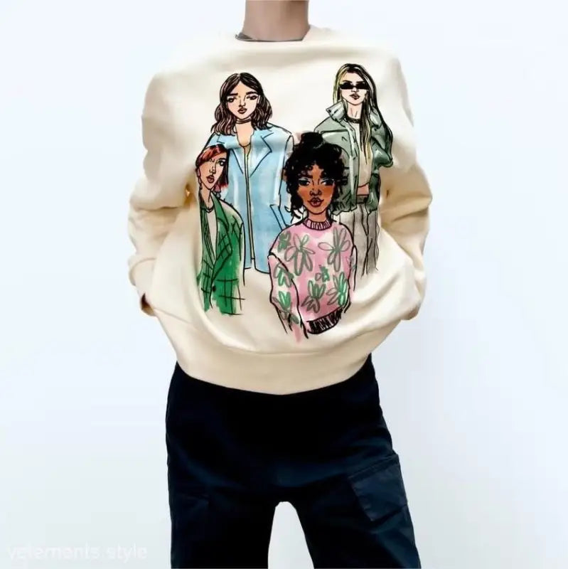 Cream-colored Cute Pattern Sweater with colorful illustration of four diverse women
