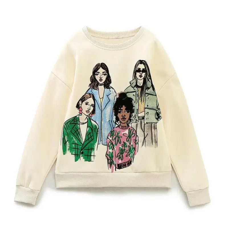 Cream-colored Cute Pattern Sweater showcasing four diverse women in stylish outfits