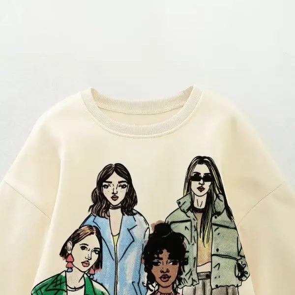 Cream-colored Cute Pattern Sweater featuring four stylized women in diverse outfits