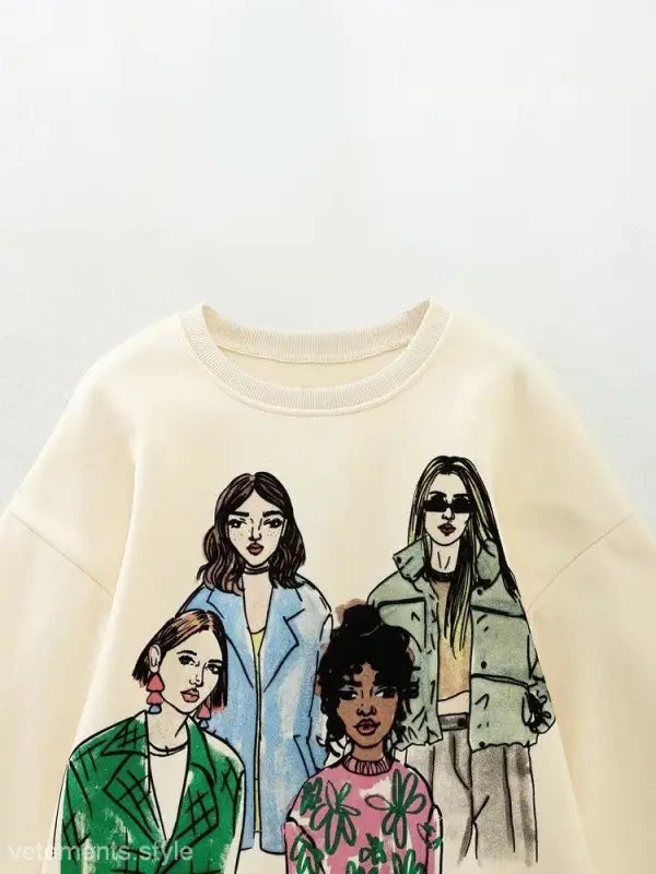 Cream-colored Cute Pattern Sweater featuring four stylized women in diverse outfits