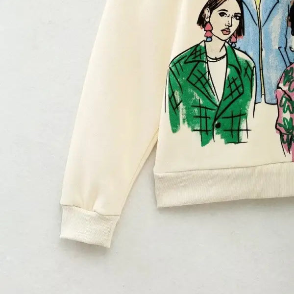 Cream-colored Cute Pattern Sweater featuring artistic fashion illustrations on the front