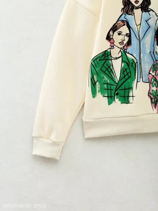 Cream-colored Cute Pattern Sweater featuring artistic fashion illustrations on the front