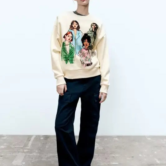 Cream-colored Cute Pattern Sweater with illustrations of diverse women for girls