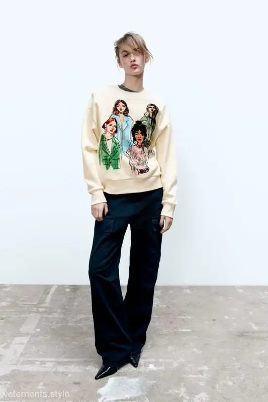 Cream-colored Cute Pattern Sweater with illustrations of diverse women for girls