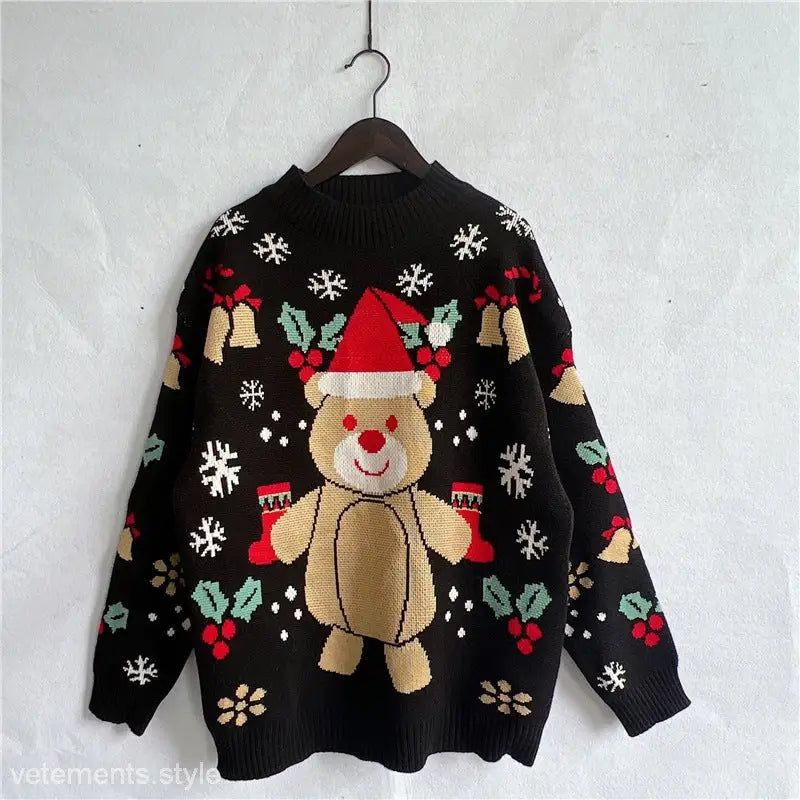 Black Christmas sweater with a cute snowflake bear cartoon pattern pullover for winter