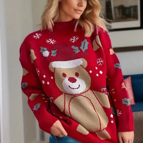 Red Christmas sweater featuring a cute snowflake bear cartoon bear pattern pullover