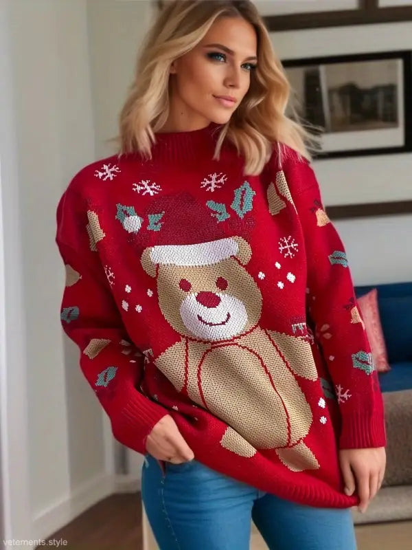 Red Christmas sweater featuring a cute snowflake bear cartoon bear pattern pullover