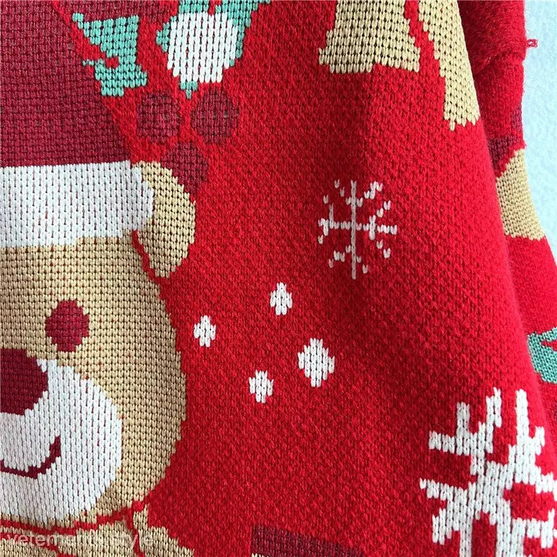 Red Christmas sweater with cute snowflake bear and bear pattern pullover design