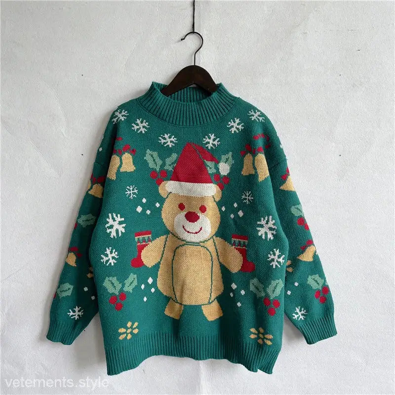 Green Christmas sweater featuring a cute snowflake bear cartoon pattern and Santa hat