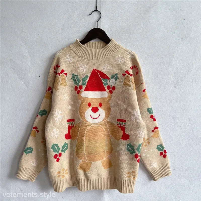 Beige Christmas cartoon cute bear pattern pullover with Santa hat for fall winter seasons
