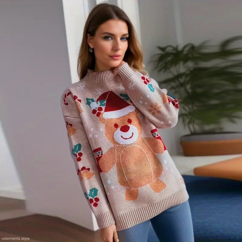 Woman wearing a Christmas cartoon cute snowflake bear pattern pullover for fall and winter
