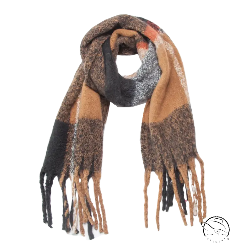 Cute wool scarf in navy blue gray with multicolored plaid print and fringed ends