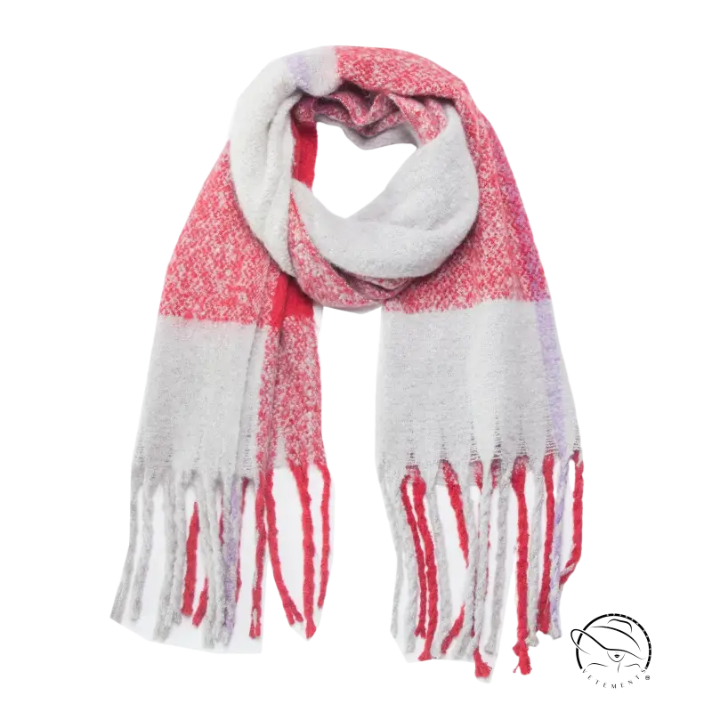 Cute wool scarf in navy blue gray with pink patterned fringed ends