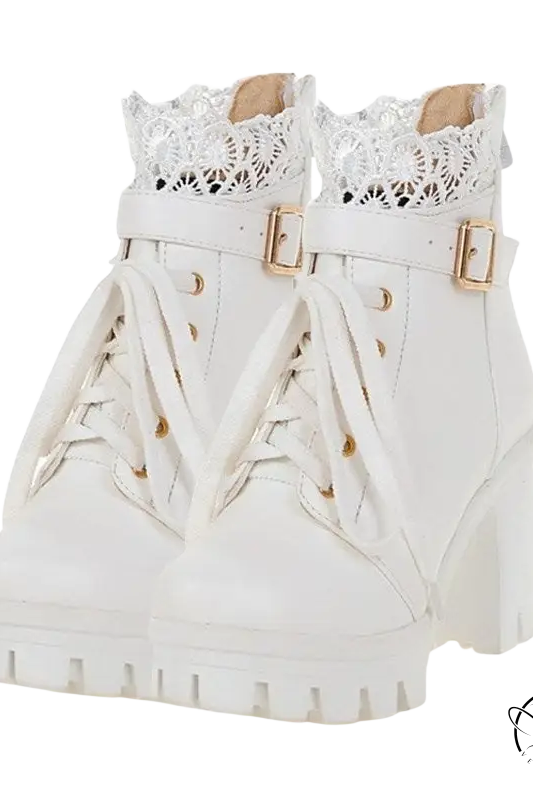 White lace-up platform buckle boots with gold buckles and lace trim