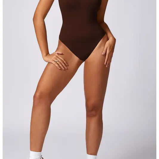 Dark Coffee Sleeveless Tight Yoga Jumpsuit for Sporty Wear, suitable for wear tight yoga