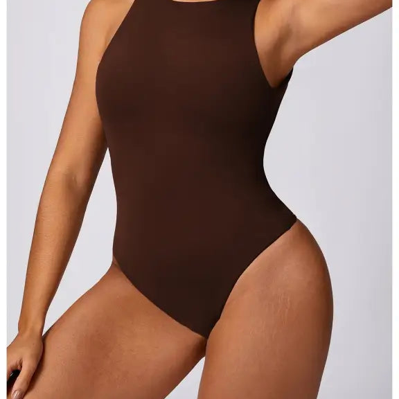 Dark coffee sleeveless tight yoga jumpsuit for sporty wear and active fitness training