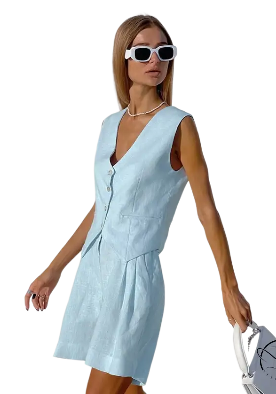 Light blue vest and skirt set in linen suit style