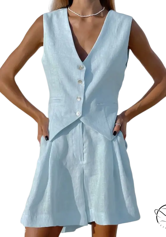 Light blue linen suit vest and shorts set in light pink tones