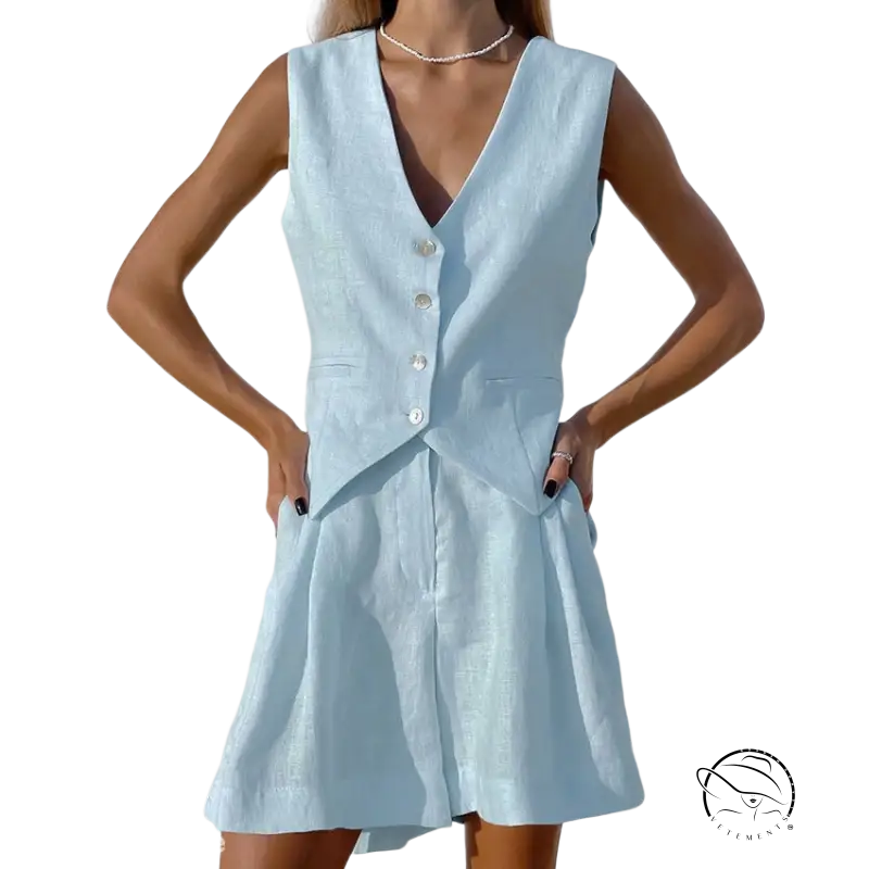 Light blue linen suit vest and shorts set in light pink tones
