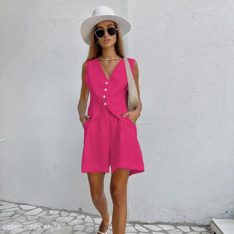 Woman in light pink linen suit paired with a dark green faux linen summer top