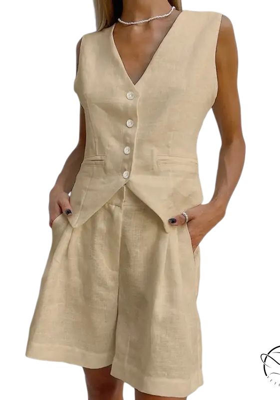 Beige linen suit vest and shorts set in light pink
