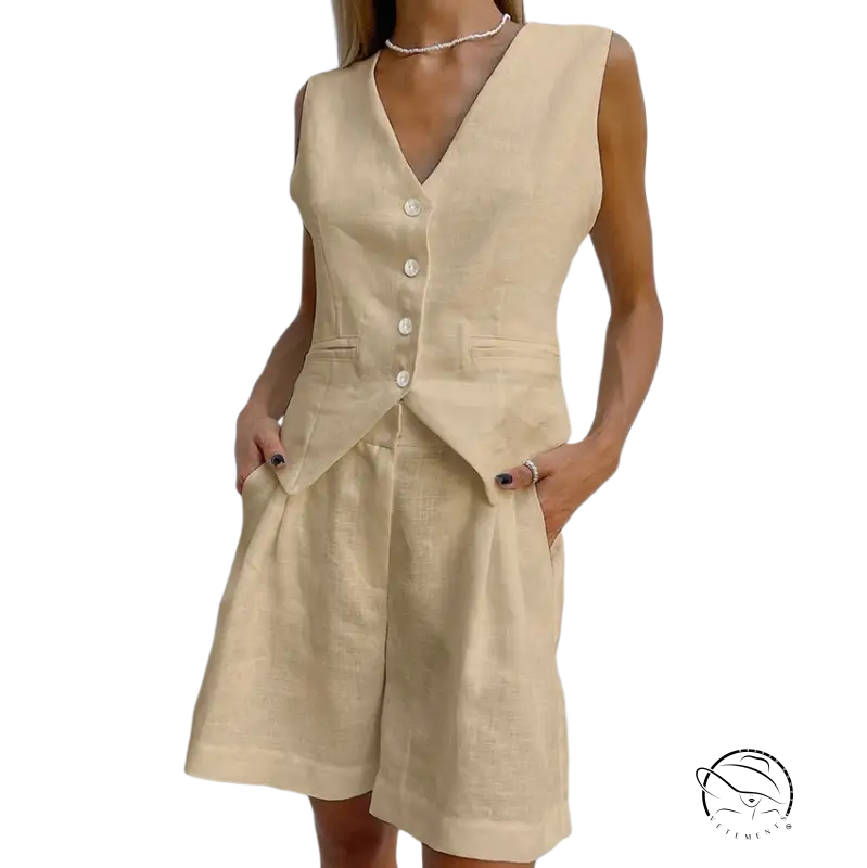 Beige linen suit vest and shorts set in light pink