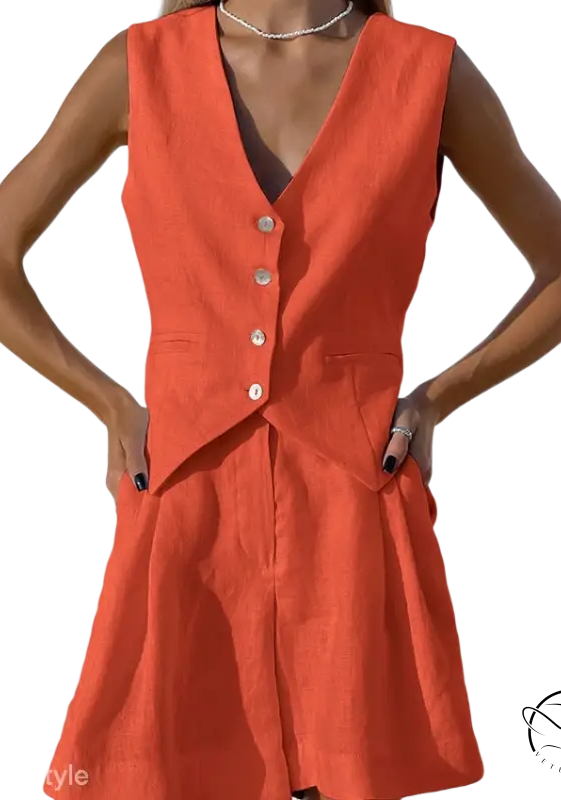 Beautiful light pink linen suit with orange vest and shorts set